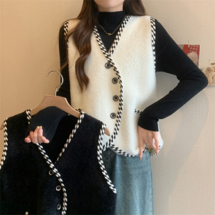 大码 减龄背心外 设计感撞e色编织针织马甲上衣女秋冬2024新款 时尚