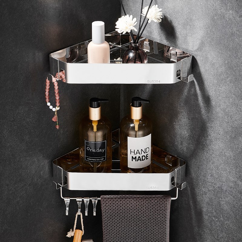 304不锈钢浴室置物架加厚免打孔卫生间转角收纳三角架厕所三角篮