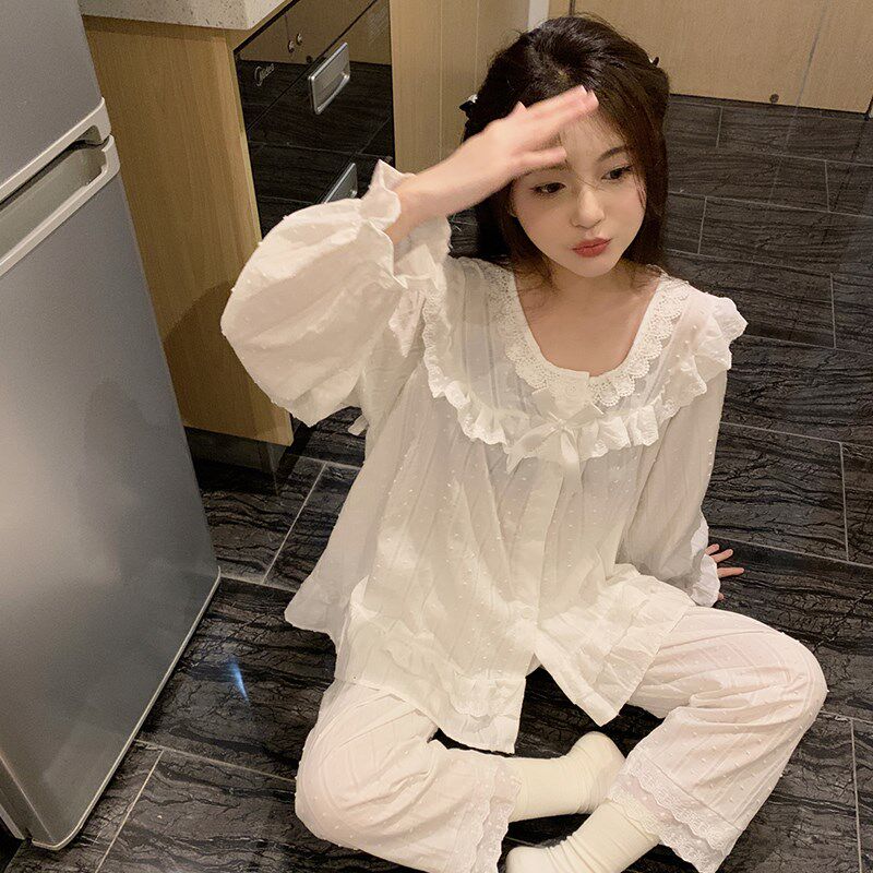 白色蕾丝宫廷风睡衣女甜美新款韩版纯棉花边春秋季公主家居服套装