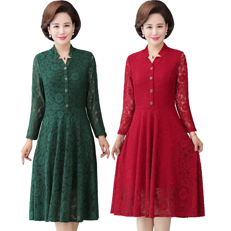 妈妈喜婆婆长袖蕾丝连衣裙中长款过膝中老年人女装春秋款v领裙子