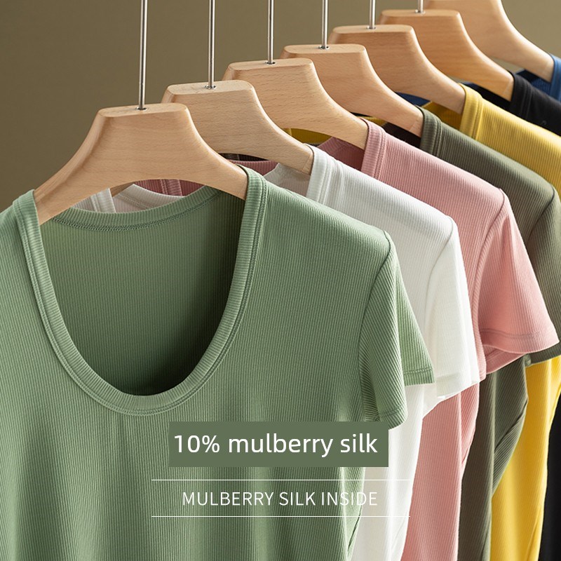 天蓝家~含真丝免烫罗纹纯色短袖多领型针织百搭T恤女2023夏季新款