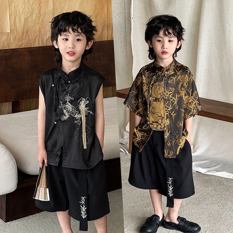 新中式男童国风马甲套装夏季男孩古风衬衫帅气汉服儿童走秀潮服酷