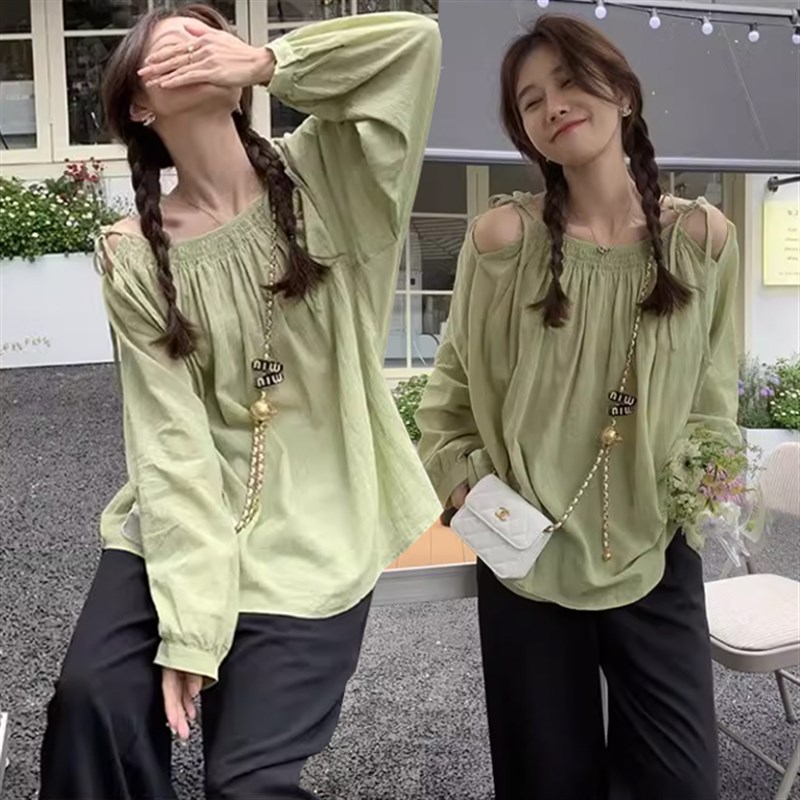 孕妇套装夏季薄款绿色一字肩绑带防晒衬衫娃娃上衣西装托腹阔腿裤