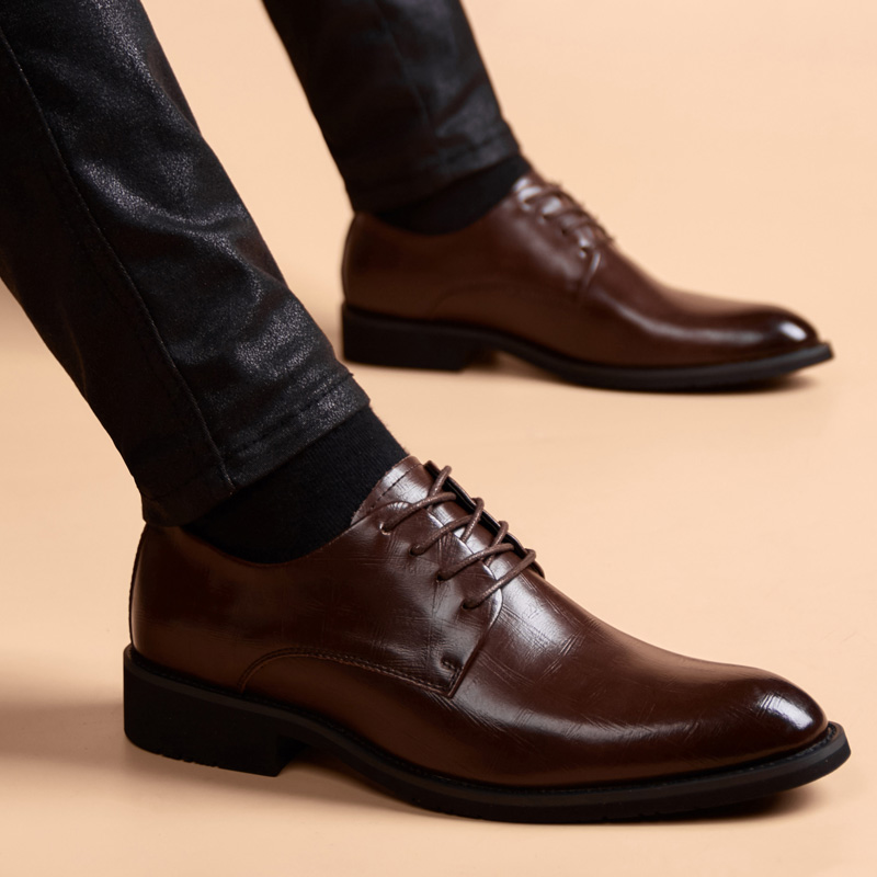 棕色皮鞋男真皮软底男款商务正装韩版英伦尖头内增高男士皮鞋夏季