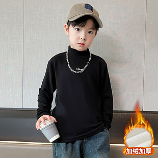 男童秋冬加厚一体德绒半高领打底衫2023新款儿童黑色帅气内搭卫衣