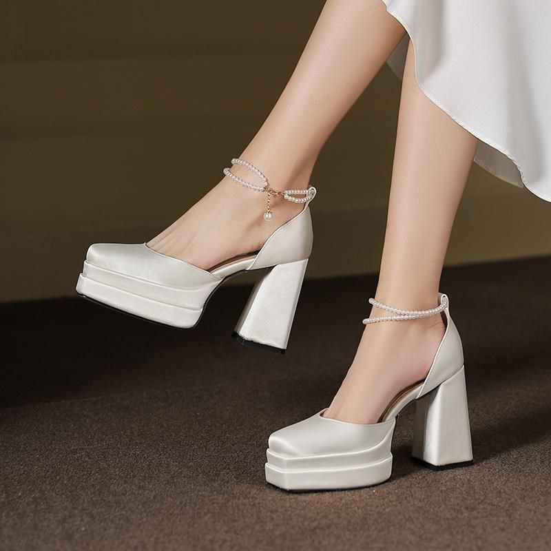 不累脚婚鞋新款厚底法式高跟鞋小个子神器防水台白色缎面主婚纱鞋