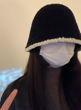 黑色毛绒渔夫帽女2023新款秋冬B季百搭显脸小针织水桶帽子大头围