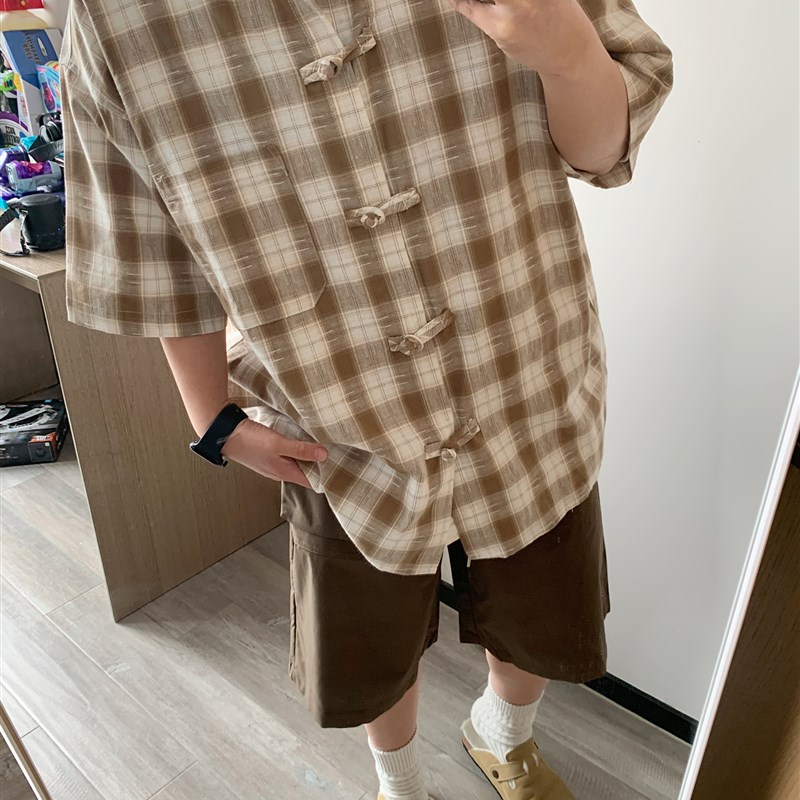 日系复古格子短袖衬衫男夏季潮牌街头bf慵懒风半袖衬衣百搭体恤男