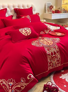 中式龙凤刺d绣大红色婚庆四件套新婚陪嫁纯棉六件床单被套床上用