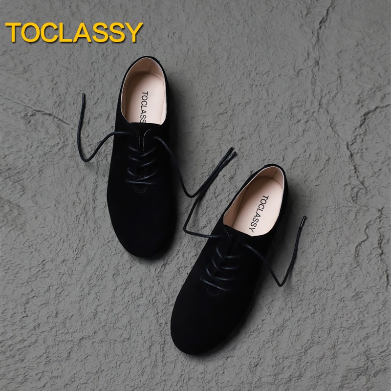 英伦风系带牛津鞋 磨砂 黑色小皮鞋 平底鞋深口单鞋大码女鞋41-43