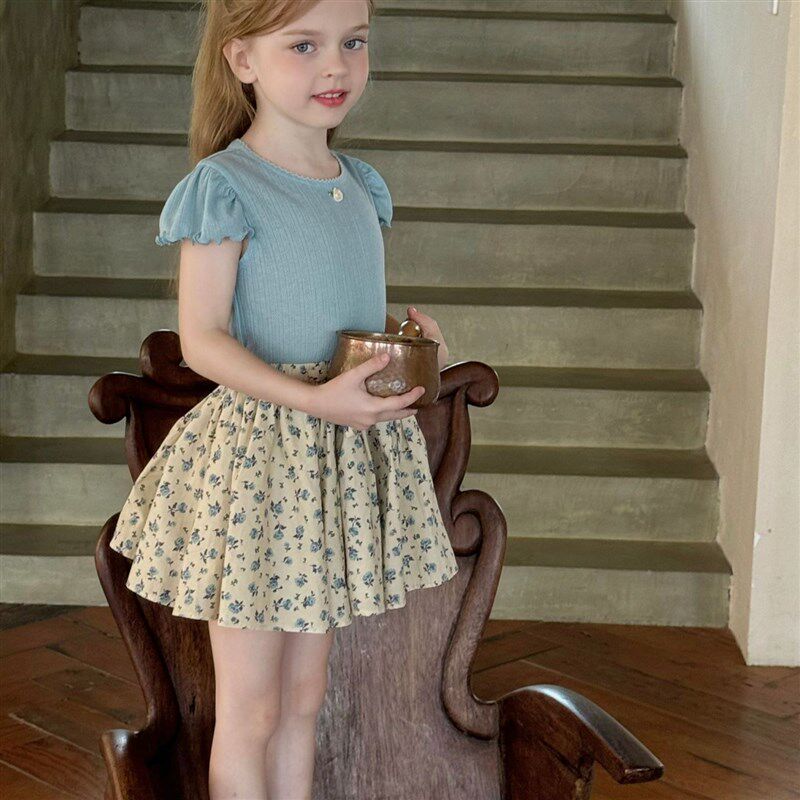 2024夏季新款童装女童碎花蓬蓬短裙韩国儿童带底裤防走光半身裙