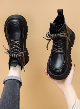 真皮厚底马丁靴女20q23冬季新款英伦风棉靴黑色炸街短靴小码34