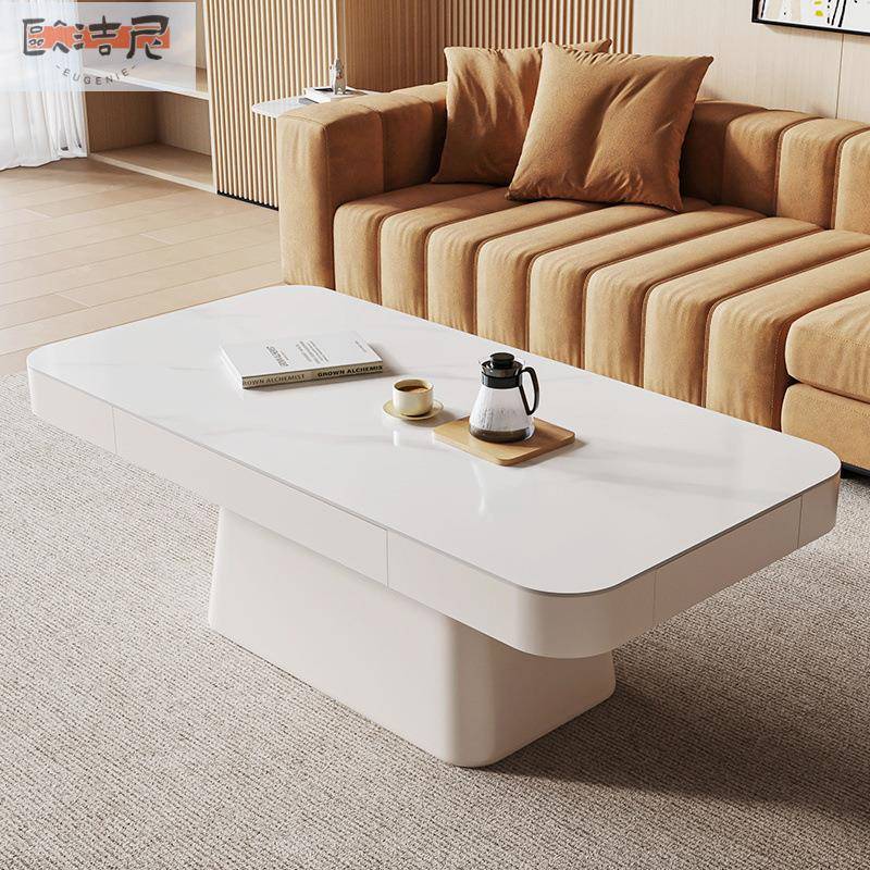 可移动岩板茶几客厅家用小户型轻奢高级感极简奶油风白色现代简约