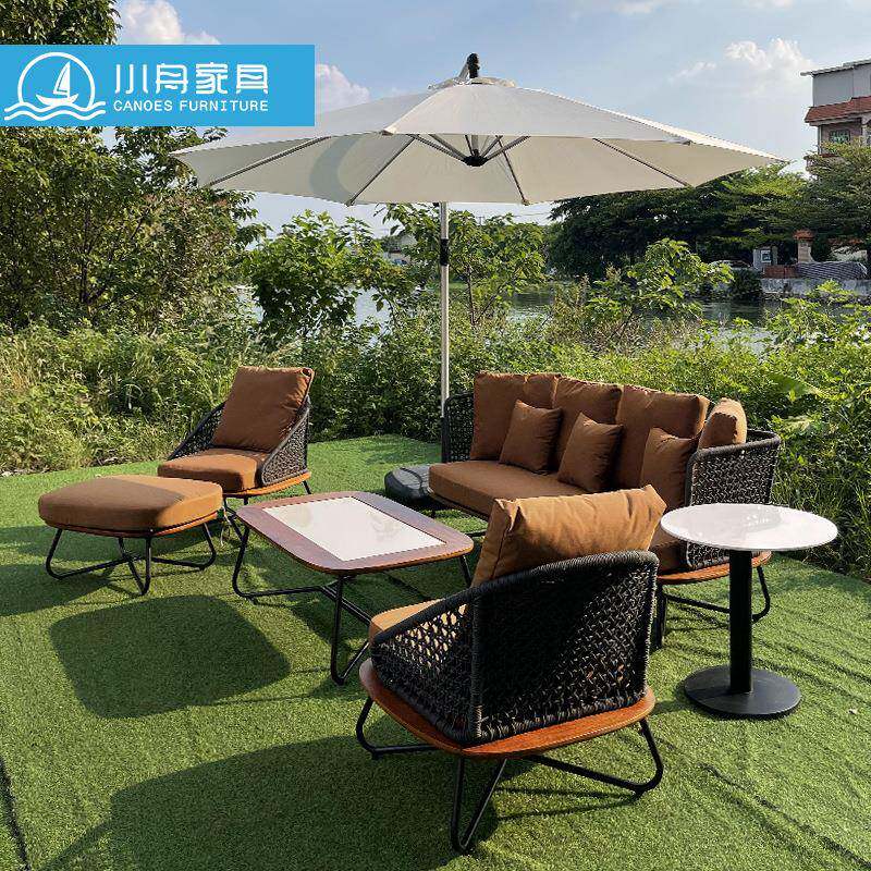 小舟户外绳编沙发室外庭院别墅防水防晒休闲实木沙发茶几组合家具