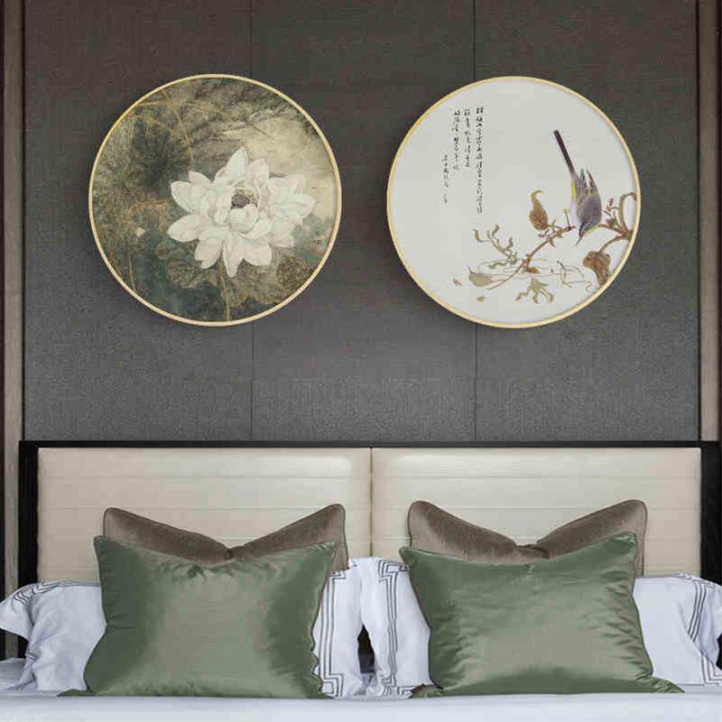 新中式实木圆形框装饰画卧室床头墙画植物花鸟客厅挂画荷花