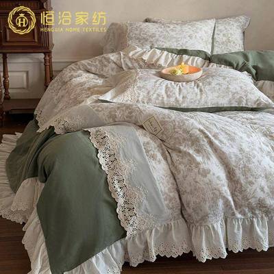 法式碎花少女心双层纱全棉四件套纯棉浪漫蕾丝新款被套床品绿色