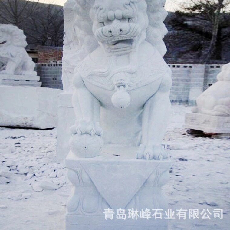 现货供应山东白麻石狮子雕刻白色花岗岩青岛琳峰石业供货
