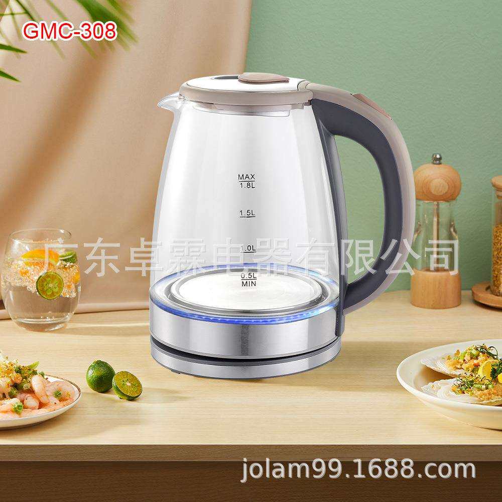 出口外贸电热水壶1.8L蓝光LED玻璃烧水壶大容量防干烧玻璃电水壶