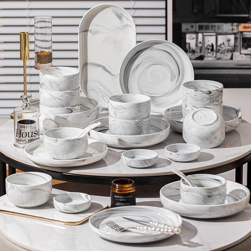 碗碟套装家用北欧大理石高级感碗具组合加厚防烫饭碗菜盘子餐具