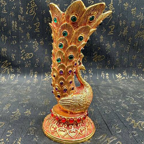 工艺品新中式摆件落地花瓶孔雀宝石羽毛翎尾家居摆设客厅玄关装饰