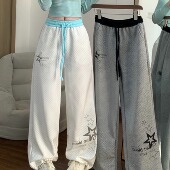 女2026春装 新款 直筒休闲裤 韩系波点满印卫衣裤 拼色阔腿裤