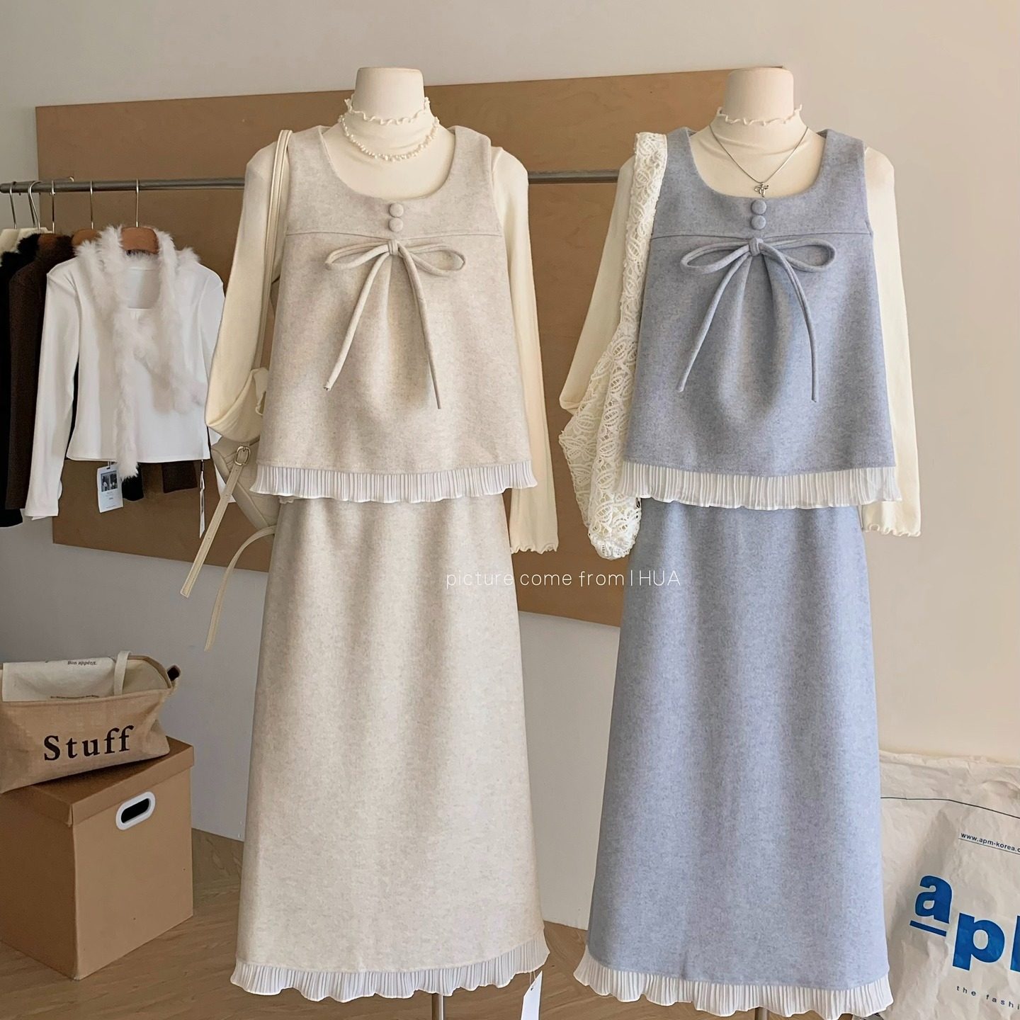 2025冬季新款蝴蝶结毛呢马甲背心+打底衫+百褶花边半身裙三件套女,女装/女士精品,时尚套装,淘宝优惠券,粉丝福利购,淘宝优惠卷