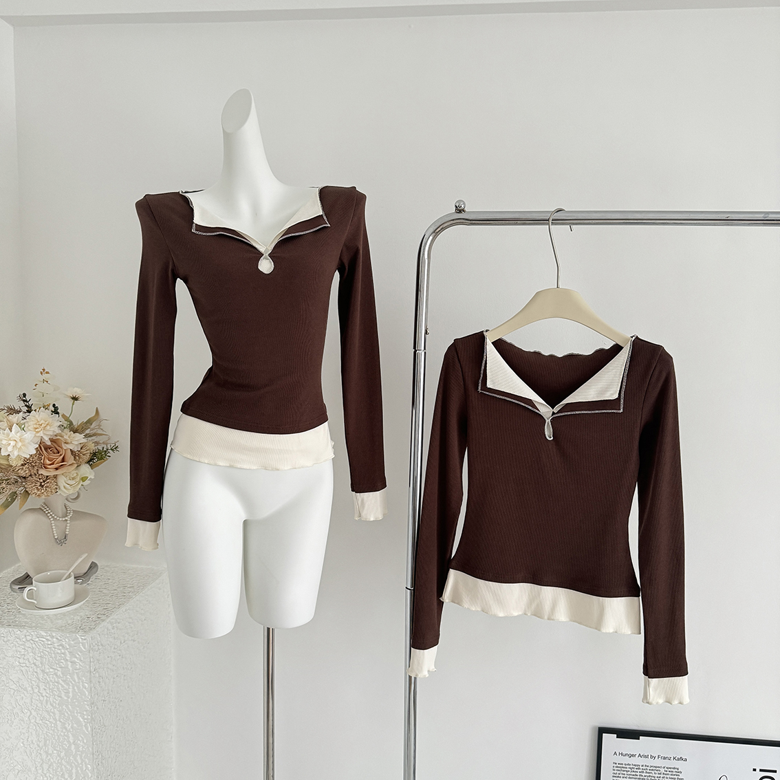 欧阳喜黄油可露丽假两件拼接长袖T恤女早秋季设计感打底上衣