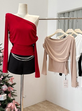 红色斜肩长袖打底衫女秋冬露肩修身内搭设计感T恤上衣