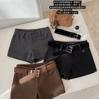美式低腰呢料短裤女秋冬韩版辣妹休闲修身显瘦短裤靴裤外穿