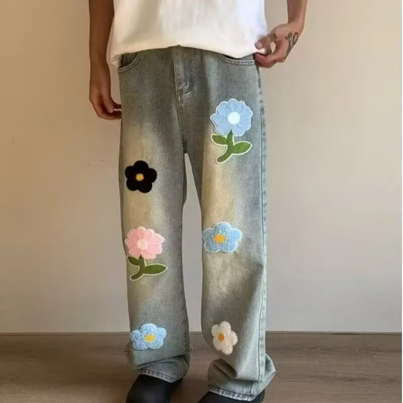 复古扎染毛巾绣微喇牛仔裤男设计感小众宽松直筒美式vibe长裤阔腿
