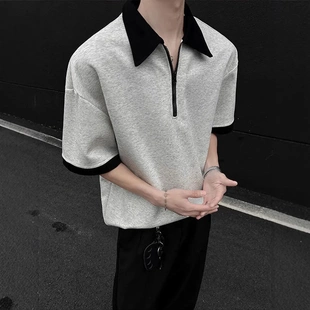 美式 夏潮流痞帅高街cleanfit穿搭翻领T恤上衣 半拉链Polo衫 男短袖