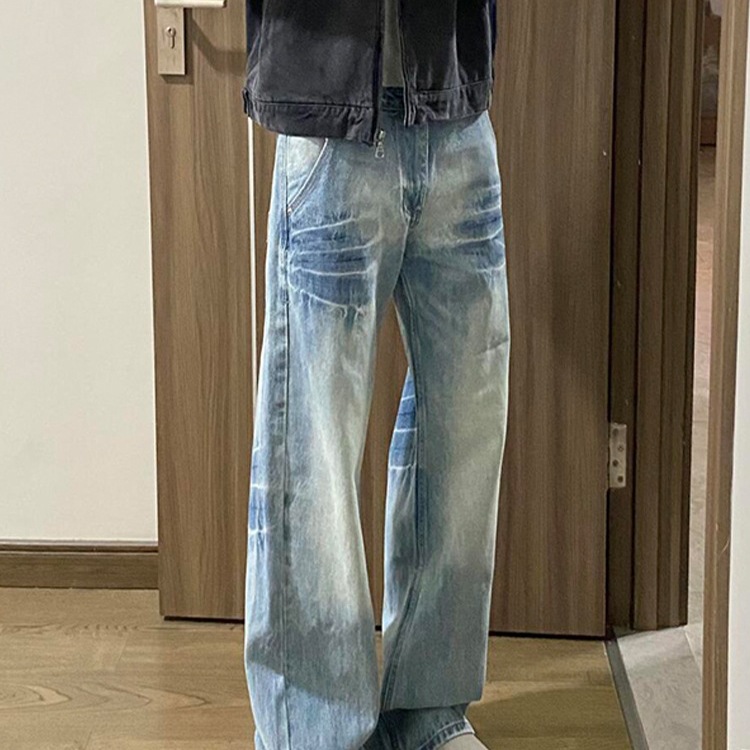 水洗蓝直筒牛仔裤男春秋款美式高街vibe裤子cleanfit弯刀微喇