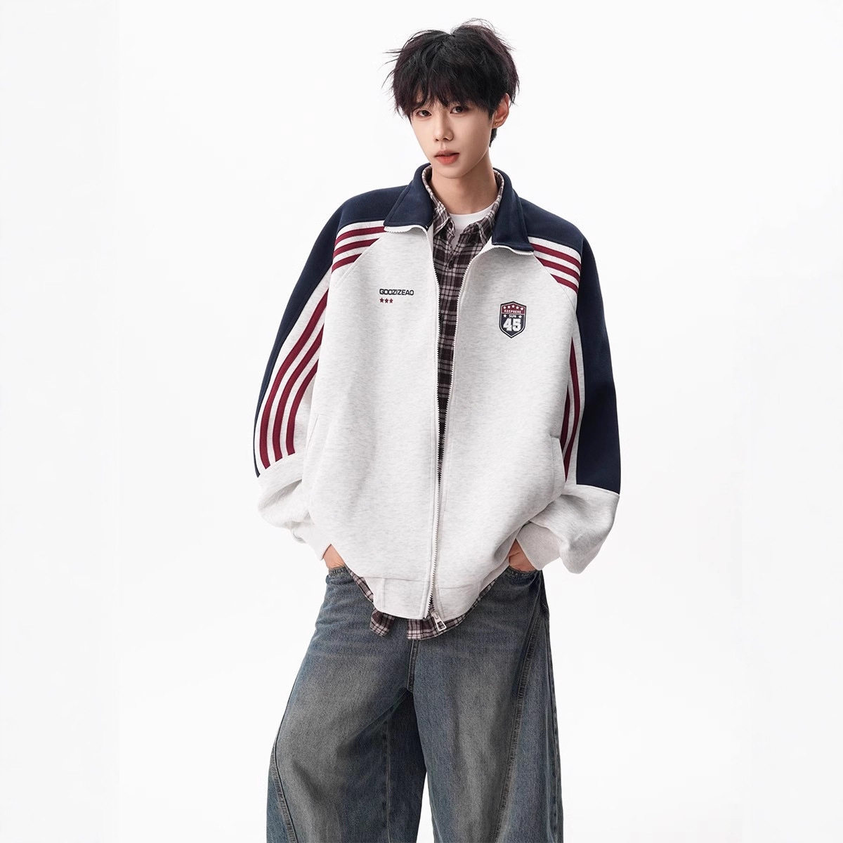 美式条纹撞色立领开衫卫衣男潮牌学院风宽松休闲百搭运动夹克外套