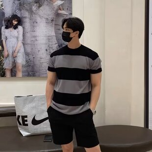 美式条纹冰丝针织白色圆领t恤男士短袖修身休闲新款体恤简约潮牌