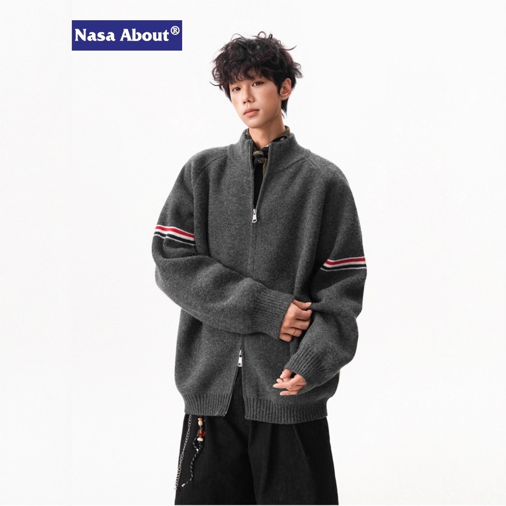 NASA美式复古针织开衫男女秋冬潮牌宽松撞色毛衣外搭拉链休闲外套