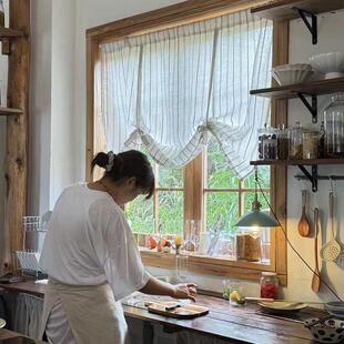 日式竖条纹亚麻提拉帘厨房窗户绑带式小窗帘系带隔断帘门帘遮挡帘