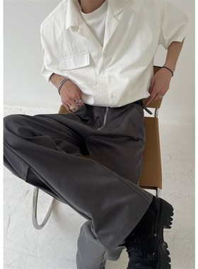 ZINGUP灰色拉链休闲裤男秋季美式高腰宽松高级感直筒阔腿裤子长裤