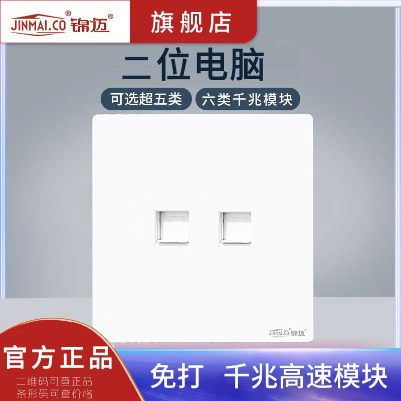高速双电脑网络面板带超五六类千兆模块网线插座盒两孔网口接线白图片