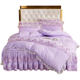 韩式夹棉床裙四件套蕾丝公主风床罩莫奈尔被套夏季床上用品1.8m米