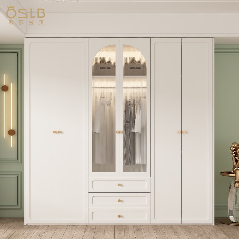 法式轻奢实木衣柜梳妆台一体家用玻璃门组合奶油风整体衣帽间定制