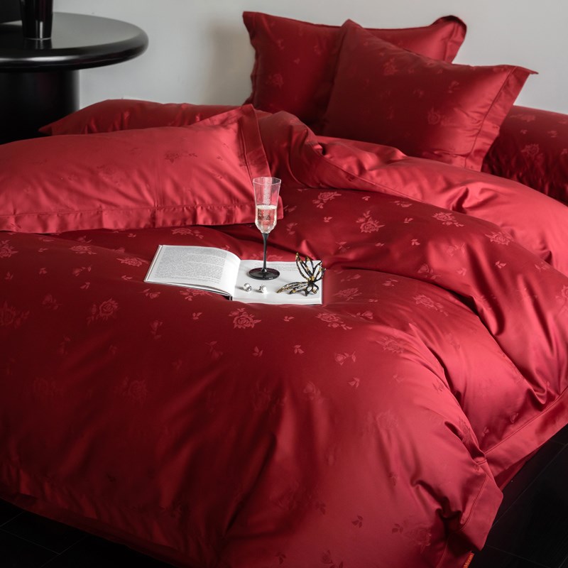 高端提花100s贡缎婚庆大红色繁花结婚四件套轻奢全棉新婚床上用品