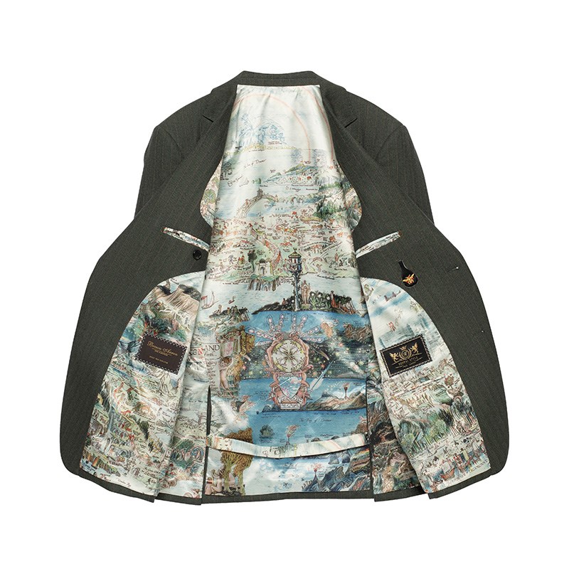 本派羊毛西装男套装高级感意大利风格墨绿色条纹半麻衬手工西服男