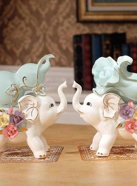 轻奢陶瓷大象摆件一对欧式客厅电视柜酒柜玄关家居装饰陶瓷工艺品