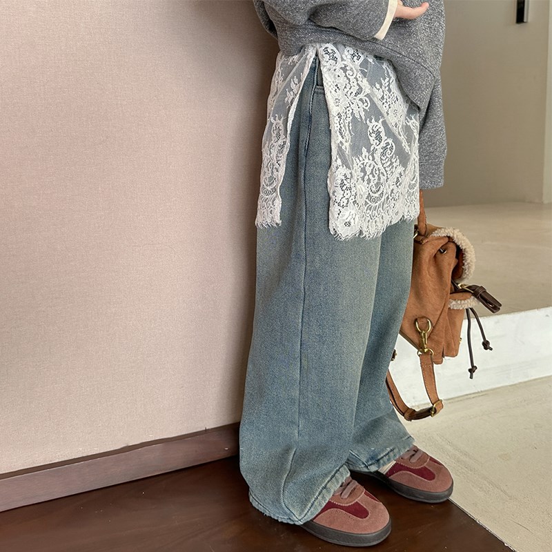 冬季童装女童蕾丝拼接加绒牛仔裤秋冬款裤子中大童直筒裤长裤百搭