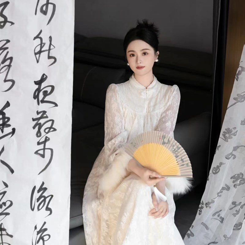 晨袍女新娘改良旗袍蕾丝长裙高级感秋冬新中式宫廷宽松连衣裙加绒