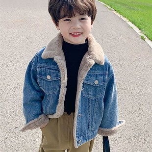 男童加绒外套2022新款秋冬加绒夹棉羊羔绒外套宝宝冬季加厚牛仔衣