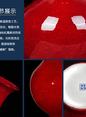 景德镇陶瓷器新中式高档手工中国红釉花瓶家居客厅办公室装饰摆件