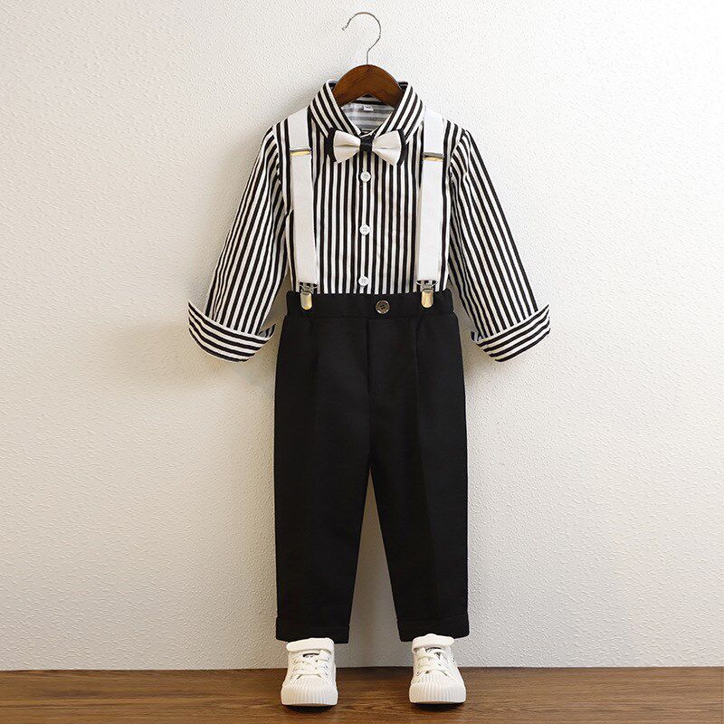 儿童西装礼服2023条纹衬衫英伦男童背带裤套装表演摄影走秀服长袖
