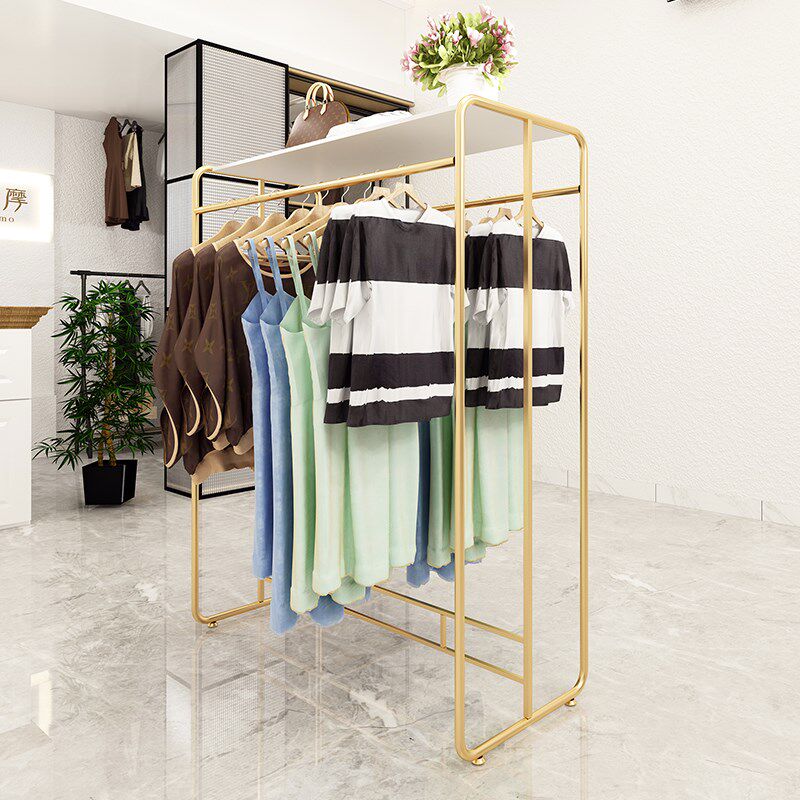 中岛服装展示架女装店落地挂衣架童装双排挂杆金色铁艺鞋包货架子