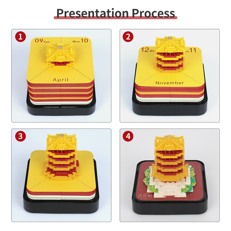 英文版日历2023新年黄鹤楼全景灯光摆件立体纸雕兔年台历创意礼品